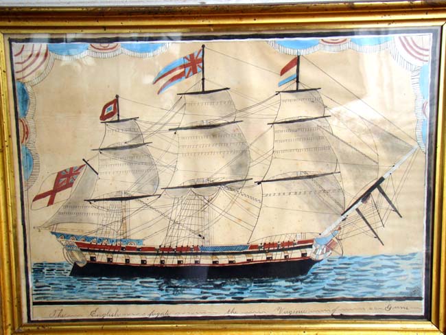 A beautiful original late 18th or early 19th century watercolor and ink painting of H M S Virginie